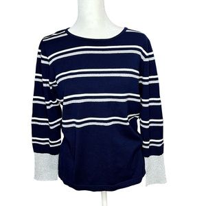 Joan Vass Sweater Navy Blue White & Silver Stripe Pull-Over Size Medium Women’s